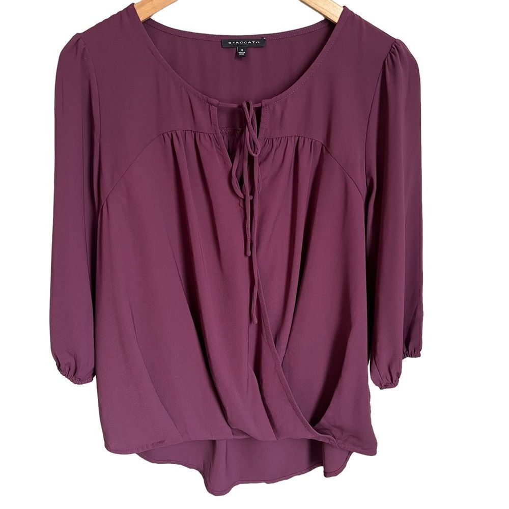 Stitch Fix Staccato Blouse size Small Draped 3/4 Sleeve Tie Neck Office Top